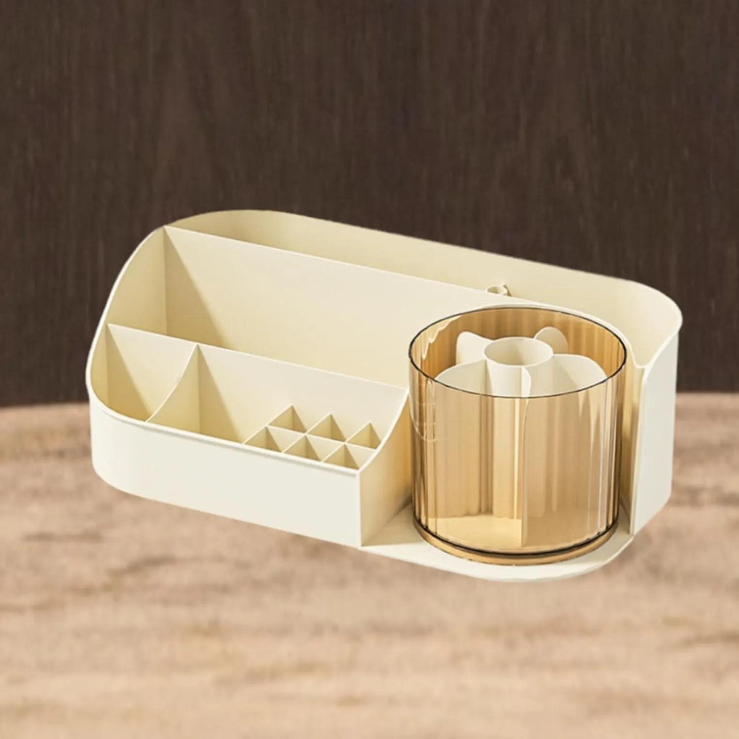 Makeup Desk Organizer Cosmetic Storage Stylish Versatile Countertop Organizer Skincare Organiser for Bathroom Jewelery Brush, Beige Single