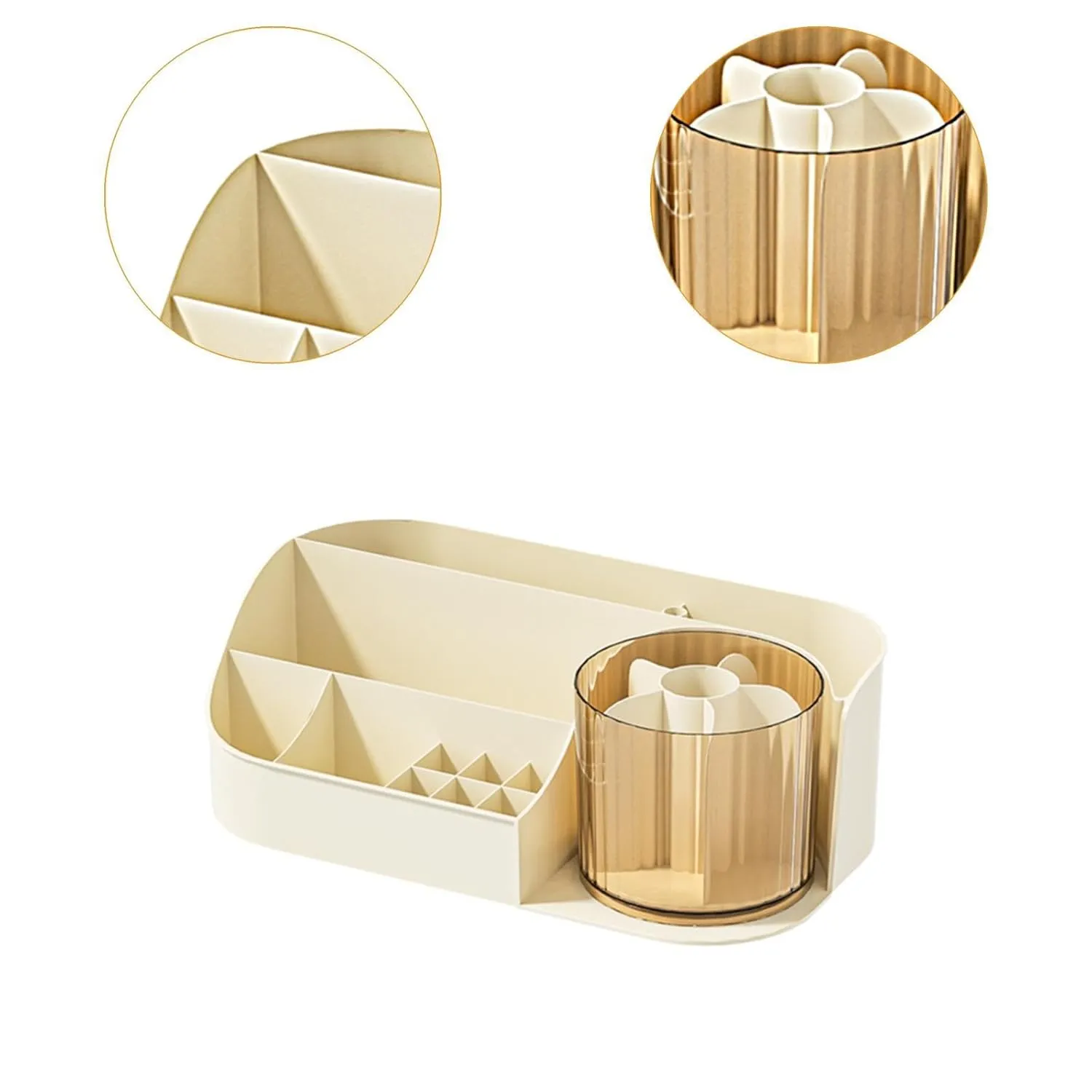 Makeup Desk Organizer Cosmetic Storage Stylish Versatile Countertop Organizer Skincare Organiser for Bathroom Jewelery Brush, Beige Single