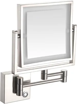 Makeup Mirror LED Wall Mount, 8 Inch Bathroom Shaving Mirror Wall Mounted Square Vanity Mirror, 360° Swivel 3X Magnification Two-Sided (Color : Nickel Wire Drawing, Size : Charging)