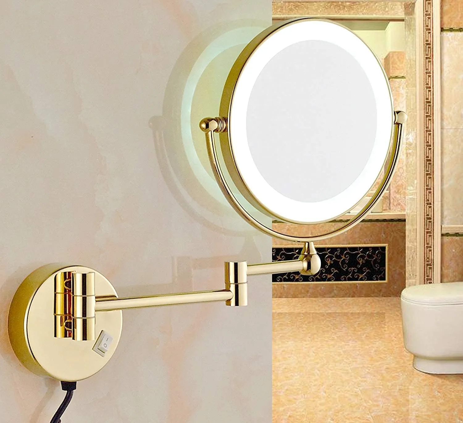 Makeup Mirror Wall Mounted Round Makeup Mirror 360 Rotation for Makeup Shaving Facial Care (Color : Gold)