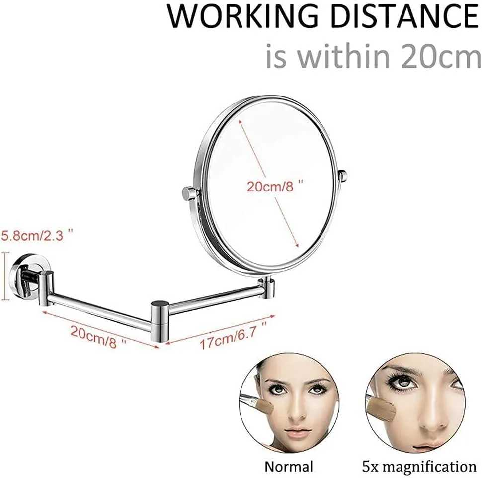 Makeup Mirrors Wall Mounted, 8 Inch Vanity Mirrors for Bathroom, Chrome Round Brass Extendable Mirrors(5X)