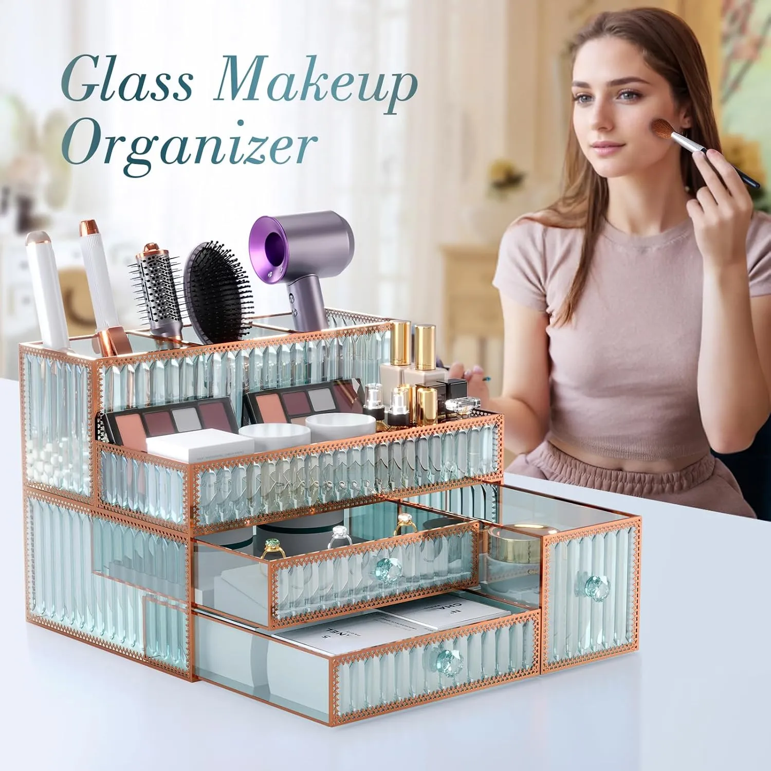 Makeup Organizer Countertop Tempered Glass Vanity Organizer for Cosmetics, Skincare, Hair Tools, Brushes, Perfume - Multipurpose Bathroom Counter Skincare Organizer