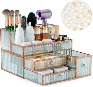Makeup Organizer Countertop Tempered Glass Vanity Organizer for Cosmetics, Skincare, Hair Tools, Brushes, Perfume - Multipurpose Bathroom Counter Skincare Organizer