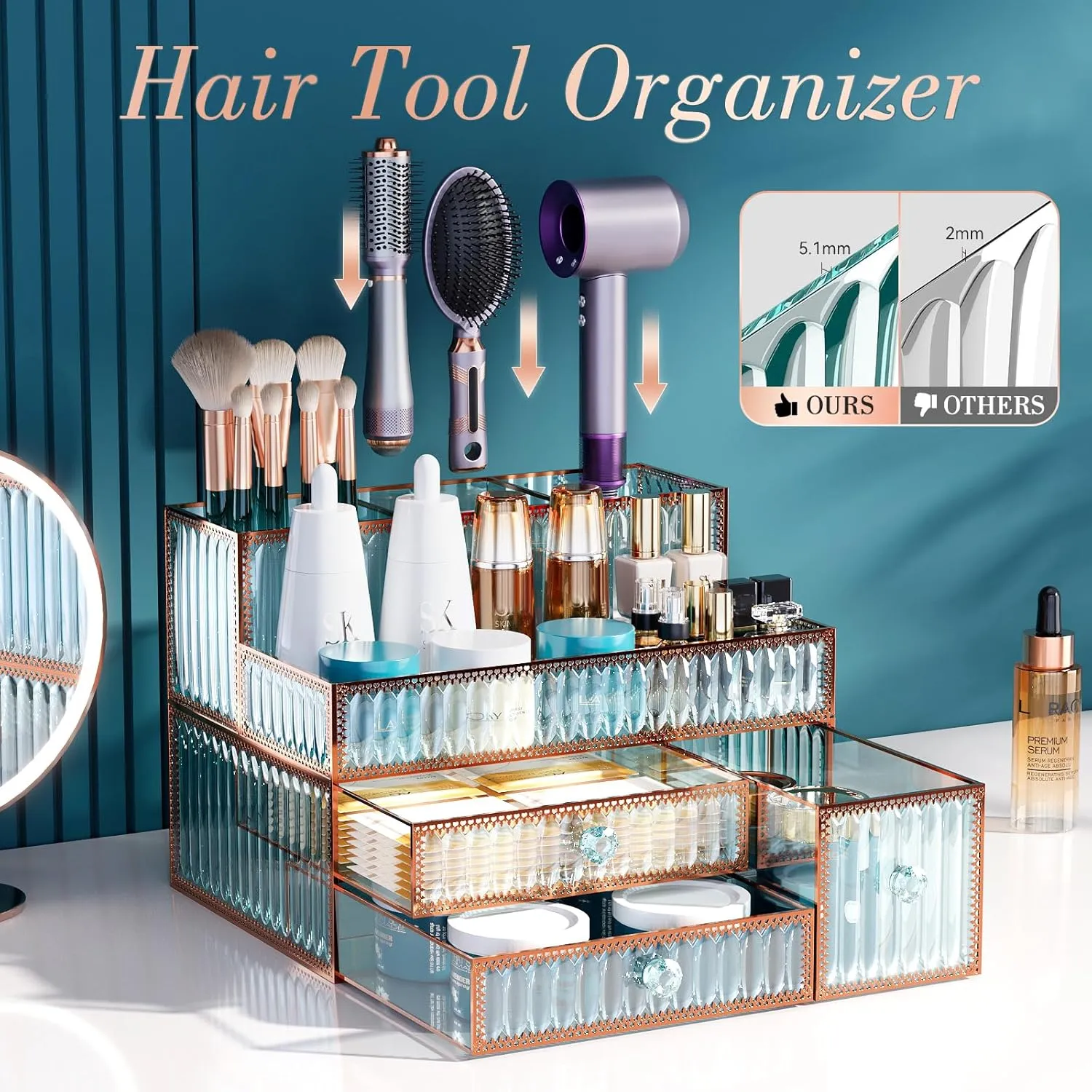Makeup Organizer Countertop Tempered Glass Vanity Organizer for Cosmetics, Skincare, Hair Tools, Brushes, Perfume - Multipurpose Bathroom Counter Skincare Organizer