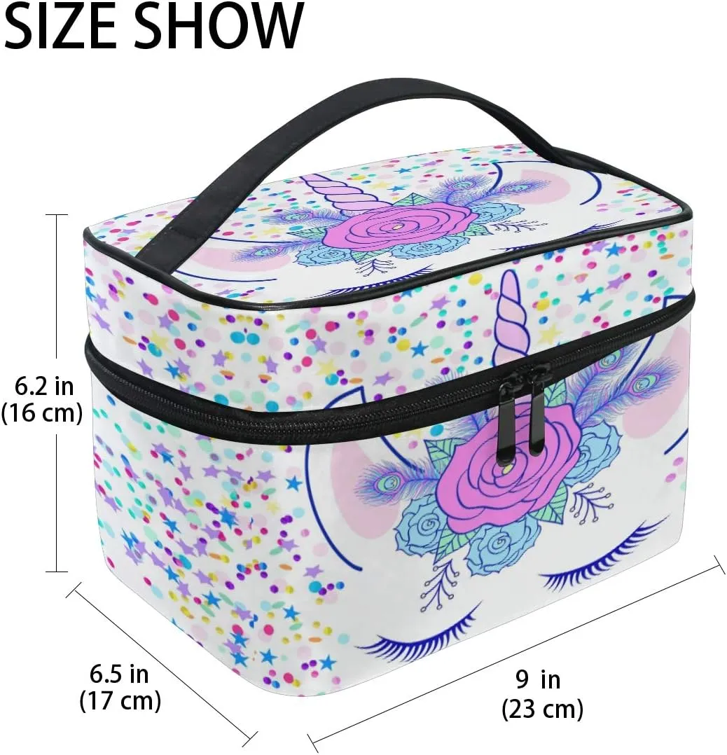 Makeup Train Case Cream Unicorn Head Cute Cat Eye Star Korean Carrying Portable Zip Travel Cosmetic Brush Bag Organizer Large White Elephant Gift for Girls Women