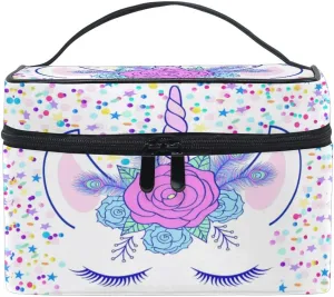 Makeup Train Case Cream Unicorn Head Cute Cat Eye Star Korean Carrying Portable Zip Travel Cosmetic Brush Bag Organizer Large White Elephant Gift for Girls Women