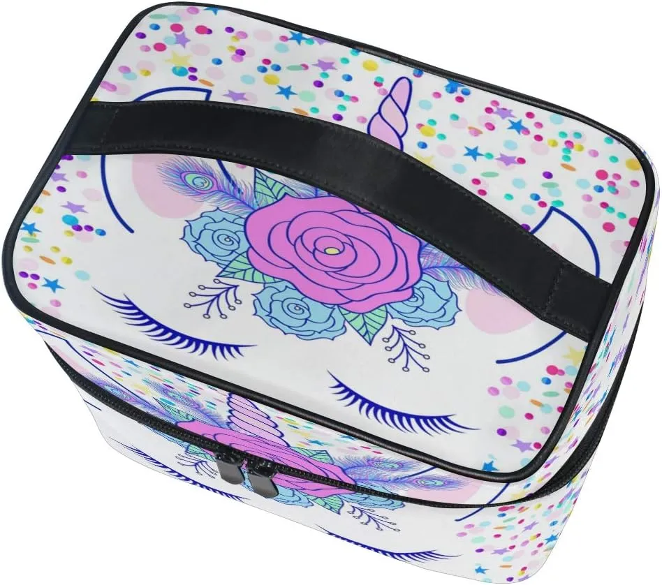 Makeup Train Case Cream Unicorn Head Cute Cat Eye Star Korean Carrying Portable Zip Travel Cosmetic Brush Bag Organizer Large White Elephant Gift for Girls Women