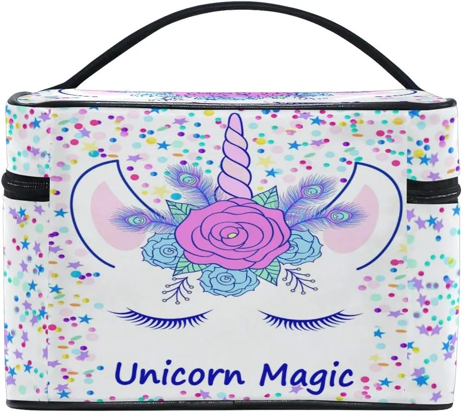 Makeup Train Case Cream Unicorn Head Cute Cat Eye Star Korean Carrying Portable Zip Travel Cosmetic Brush Bag Organizer Large White Elephant Gift for Girls Women