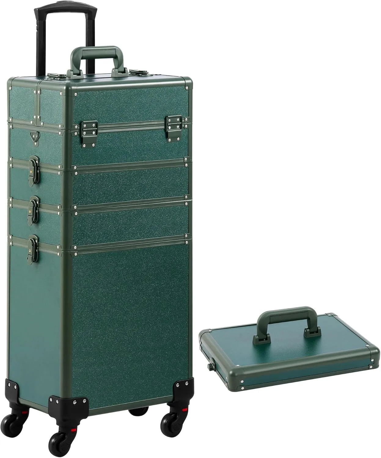 Makeup Train Case, Rolling Makeup Case with Lid, 5 in 1 Cosmetology Case on Wheels, Christmas Gift, Large Makeup Case Organizers, Profesional Cosmetic Case for Salon Barber, Green