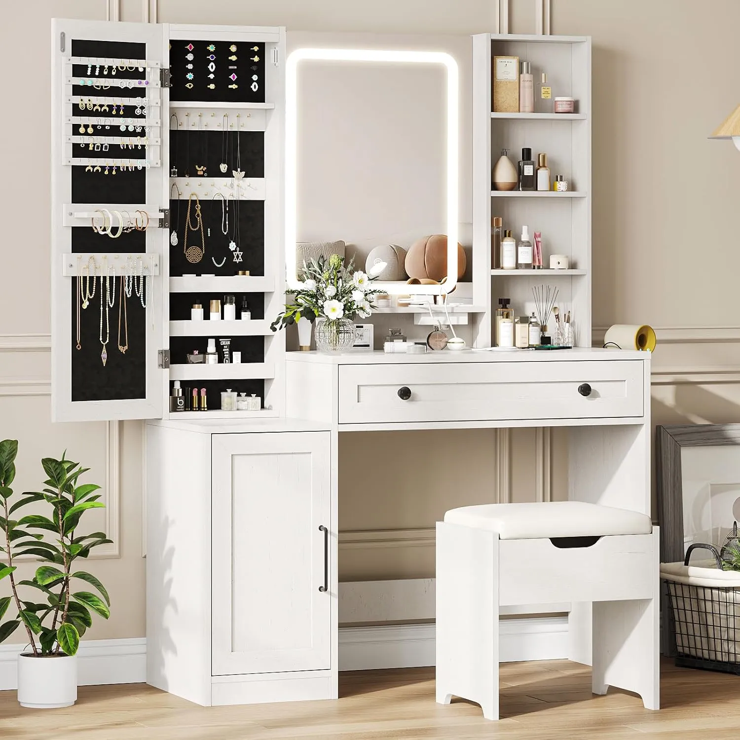 Makeup Vanity Desk with Mirror and Lights, White Vanity with Jewelry Storage Cabinet, Vanity Table Set with Chair and Large Drawer, Cabinets and Multi-Shelf, Charging Station, 3 Color Lighting