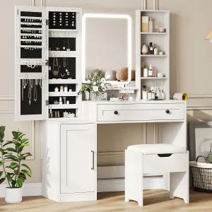 Makeup Vanity Desk with Mirror and Lights, White Vanity with Jewelry Storage Cabinet, Vanity Table Set with Chair and Large Drawer, Cabinets and Multi-Shelf, Charging Station, 3 Color Lighting
