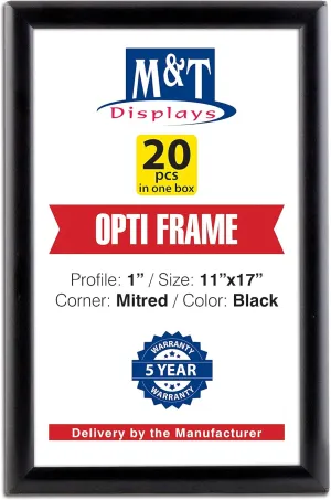 M&T Displays Opti Snap Poster Frame 11x17 Inch Black 1" Aluminum Profile Front Loading Wall Mounting Photo Picture Document Certificate Sign Holder Mitered Corner Anti Glare Cover (20 pack)