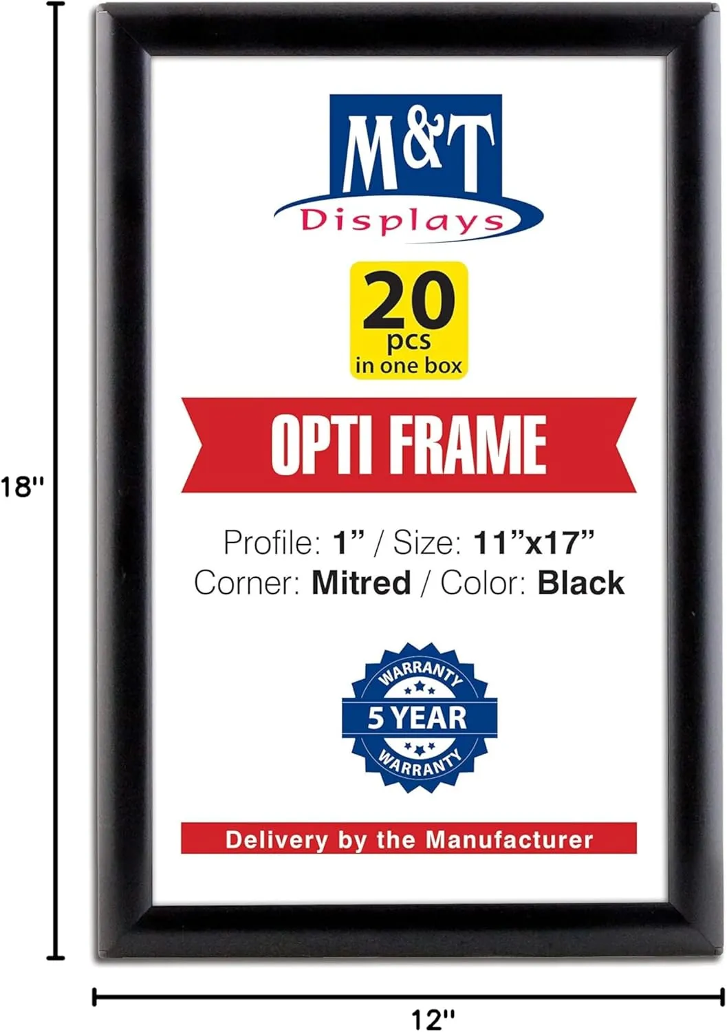M&T Displays Opti Snap Poster Frame 11x17 Inch Black 1" Aluminum Profile Front Loading Wall Mounting Photo Picture Document Certificate Sign Holder Mitered Corner Anti Glare Cover (20 pack)
