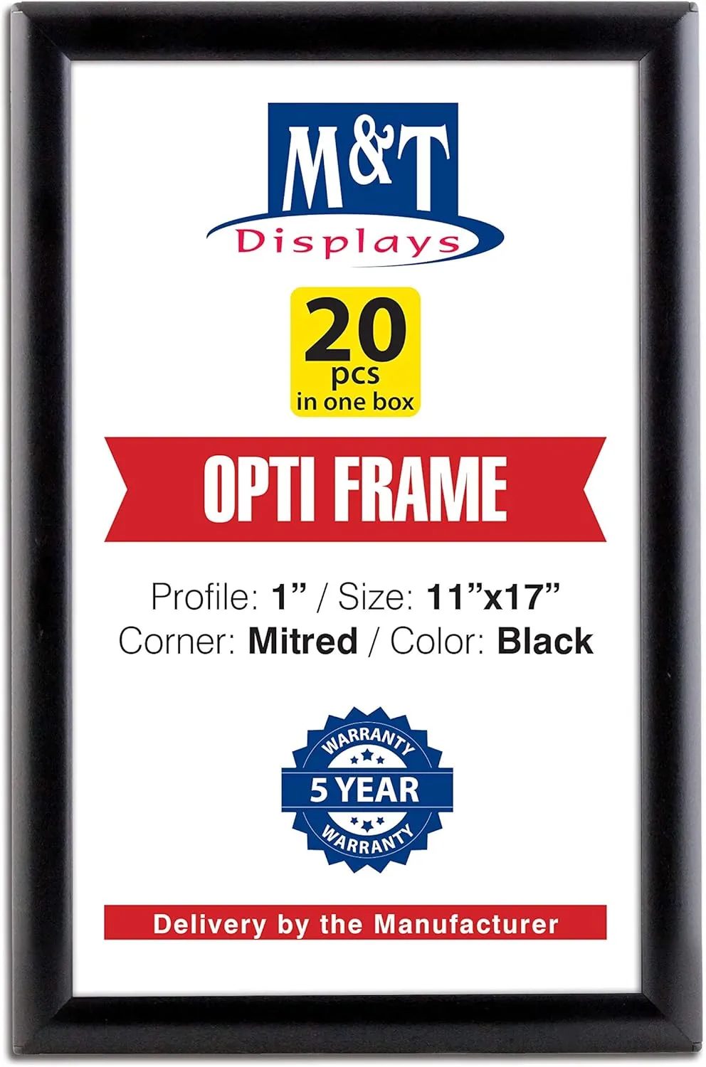 M&T Displays Opti Snap Poster Frame 11x17 Inch Black 1" Aluminum Profile Front Loading Wall Mounting Photo Picture Document Certificate Sign Holder Mitered Corner Anti Glare Cover (20 pack)
