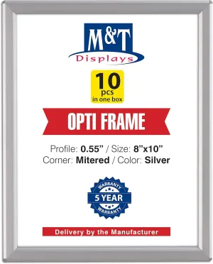 M&T Displays Opti Snap Poster Frame 8x10 Inch Silver 0.55" Aluminum Profile Front Loading Wall Mounting Photo Picture Document Certificate Sign Holder Mitered Corner Anti Glare Cover (10 pack)