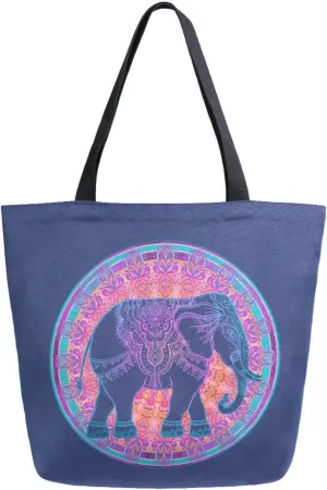 Mandala Elephant Canvas Tote Bag Retro Ethic Colorful Women Shoulder Bag Reusable Grocery Bags Large Handbag Travel Shopping Bag for School Nursing Gift Outdoors