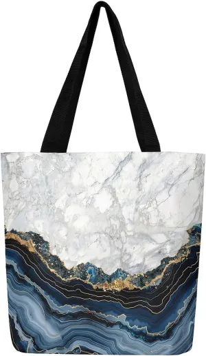 Marble Canvas Tote Bag Stone Pattern Tote Bag Gold Glitter Abstract Marbling Shoulder Bag
