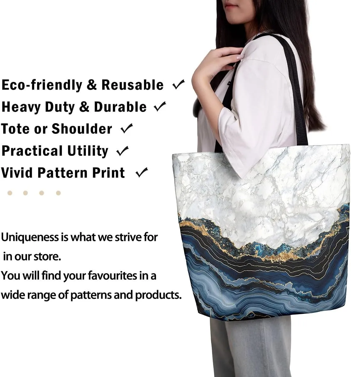 Marble Canvas Tote Bag Stone Pattern Tote Bag Gold Glitter Abstract Marbling Shoulder Bag