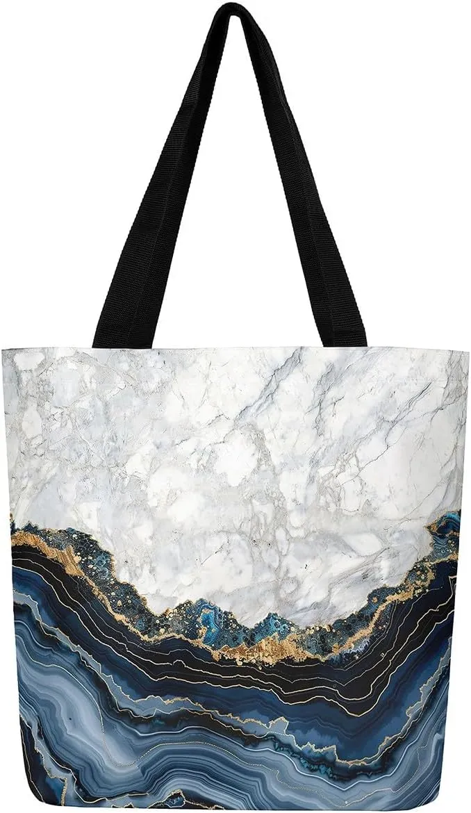 Marble Canvas Tote Bag Stone Pattern Tote Bag Gold Glitter Abstract Marbling Shoulder Bag