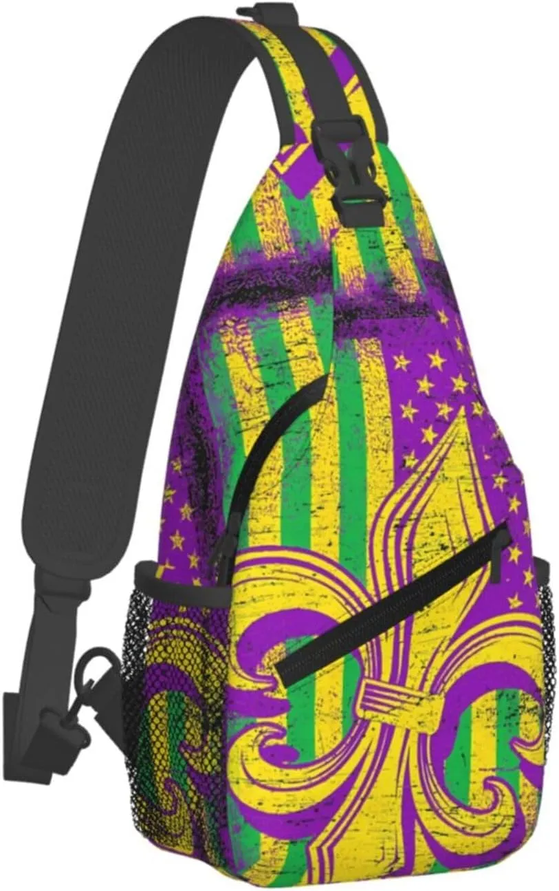 Mardi Gras American Flag Carnival Celebration Sling Bag Crossbody Bag Casual Chest Bags Travel Shoulder Backpack