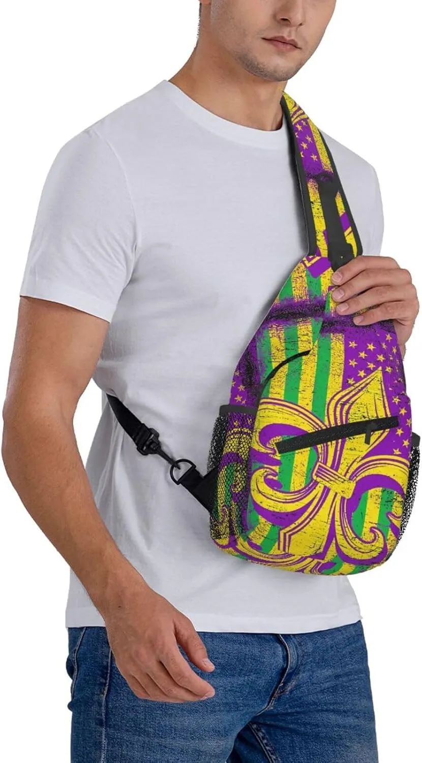 Mardi Gras American Flag Carnival Celebration Sling Bag Crossbody Bag Casual Chest Bags Travel Shoulder Backpack