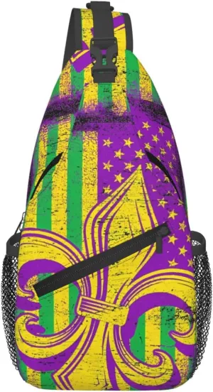 Mardi Gras American Flag Carnival Celebration Sling Bag Crossbody Bag Casual Chest Bags Travel Shoulder Backpack