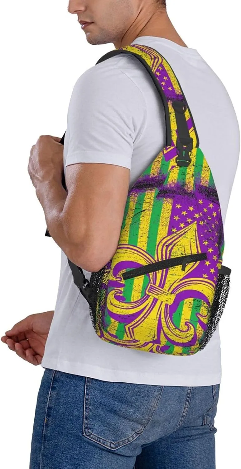 Mardi Gras American Flag Carnival Celebration Sling Bag Crossbody Bag Casual Chest Bags Travel Shoulder Backpack