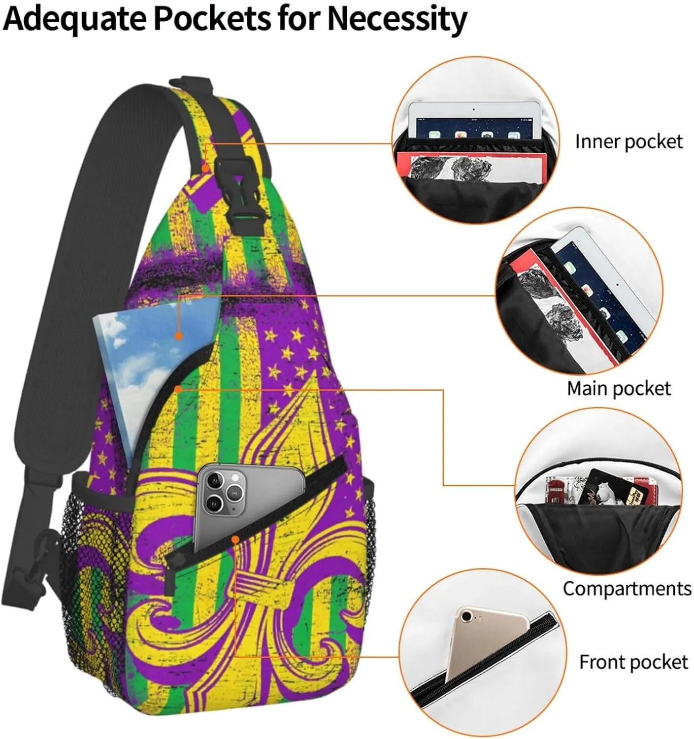Mardi Gras American Flag Carnival Celebration Sling Bag Crossbody Bag Casual Chest Bags Travel Shoulder Backpack