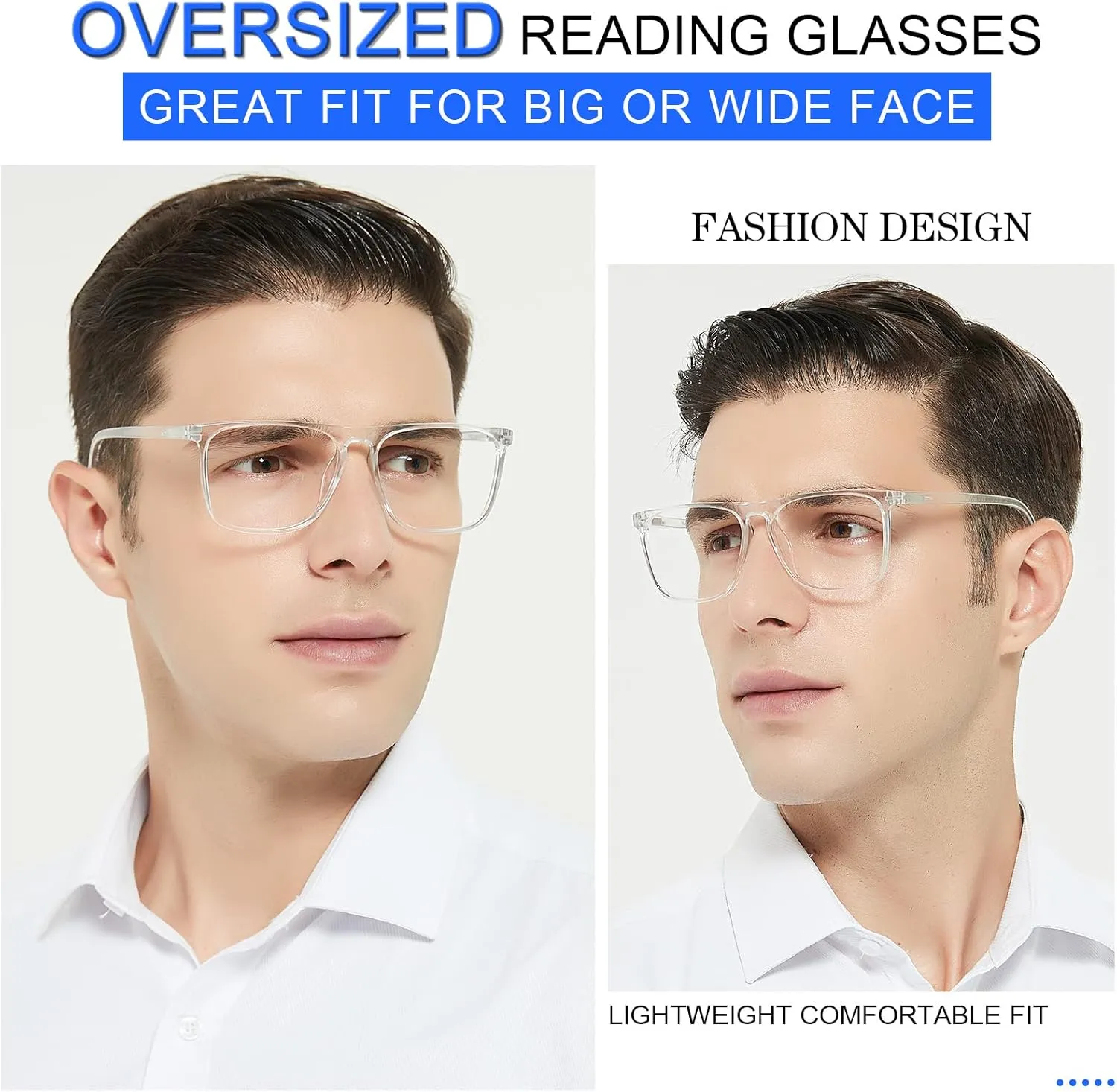 MARE AZZURO Clear Frame Reading Glasses 1.5 Men Oversized Square Readers for Large Head 100 125 150 175 200 225 250 275 300 350 400 500 600 (Transparent, 1.50)