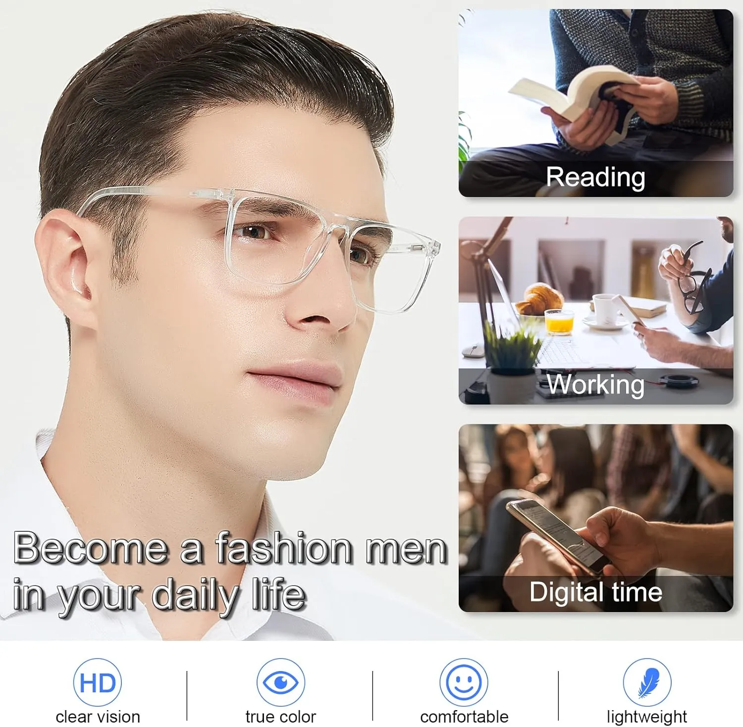 MARE AZZURO Clear Frame Reading Glasses 1.5 Men Oversized Square Readers for Large Head 100 125 150 175 200 225 250 275 300 350 400 500 600 (Transparent, 1.50)