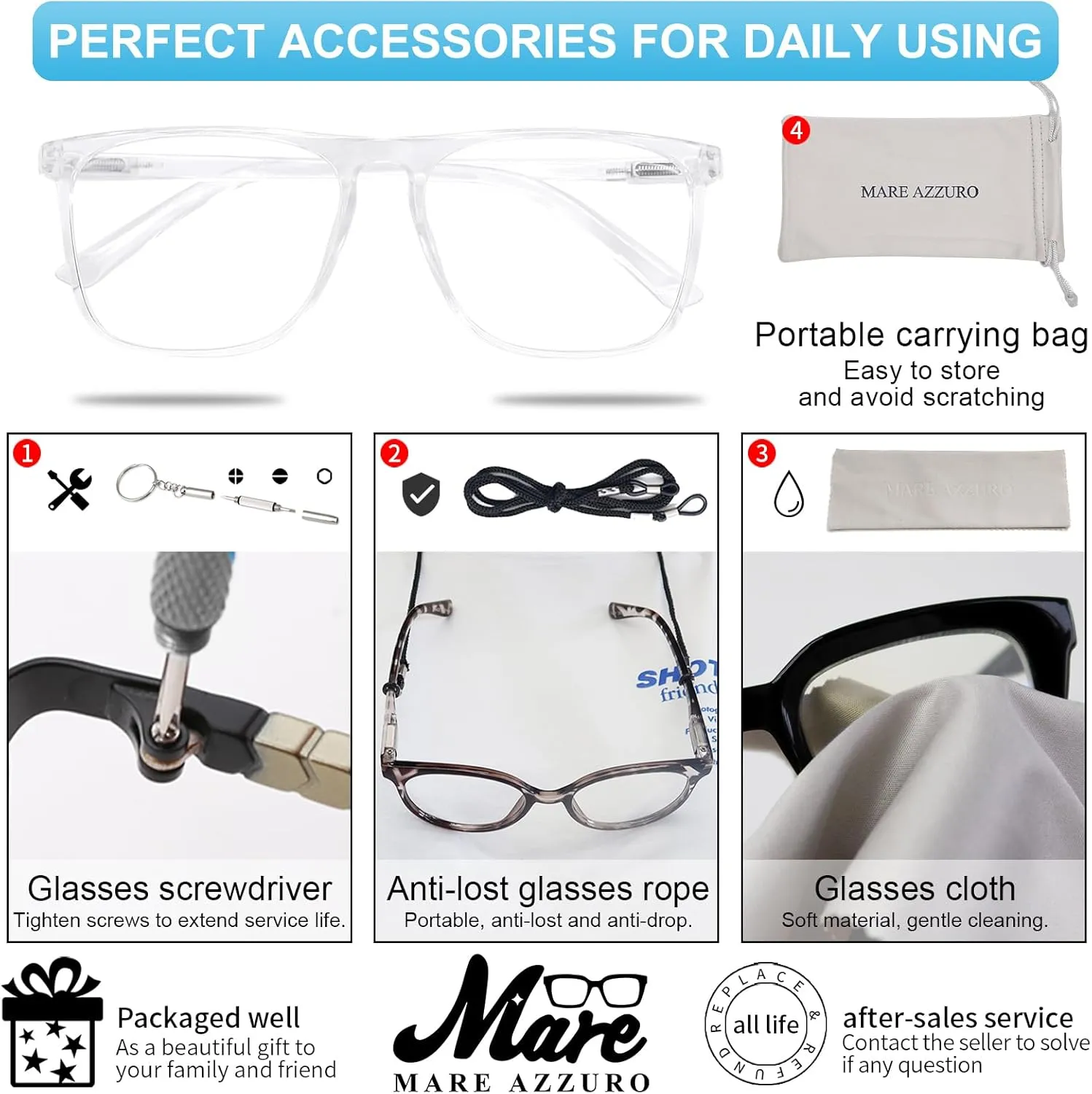 MARE AZZURO Clear Frame Reading Glasses 1.5 Men Oversized Square Readers for Large Head 100 125 150 175 200 225 250 275 300 350 400 500 600 (Transparent, 1.50)