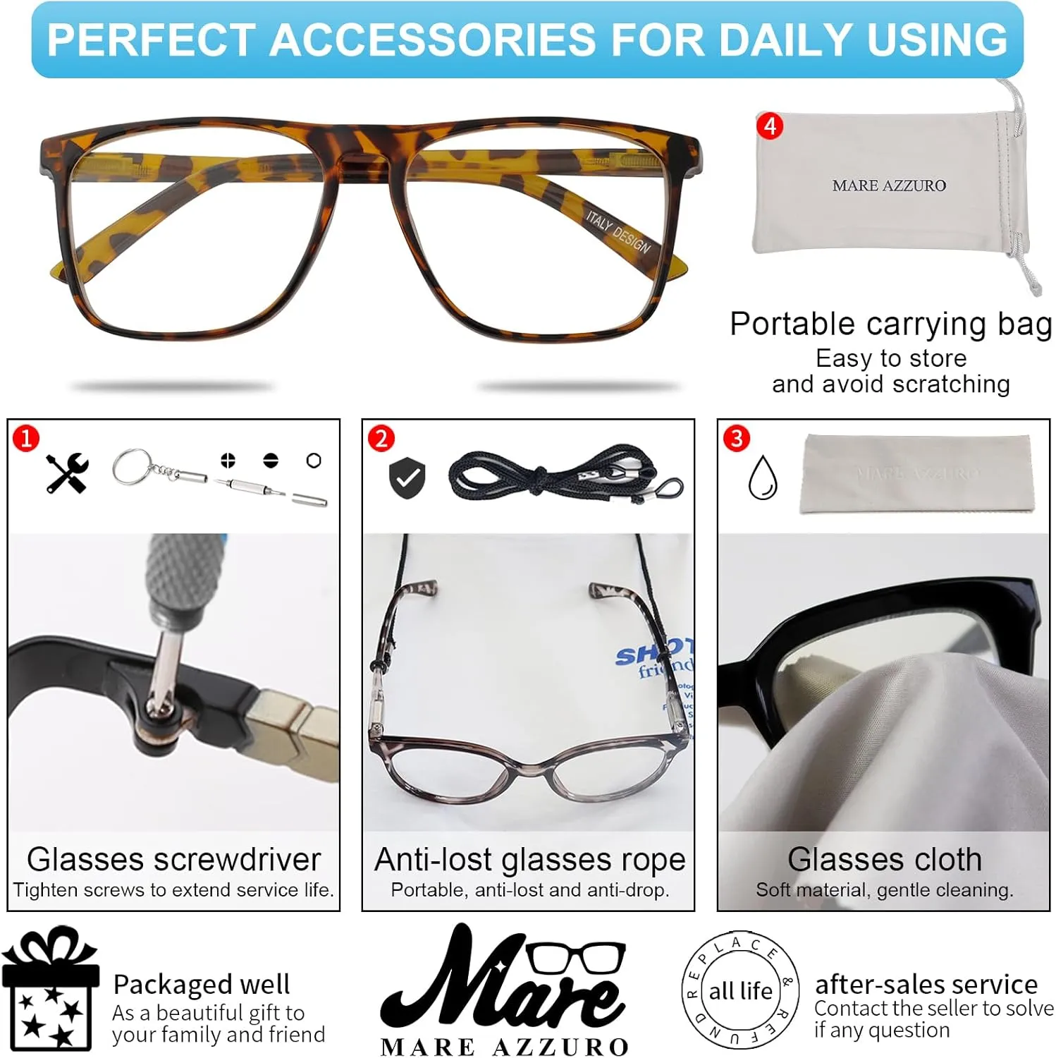 MARE AZZURO Men's Oversized Reading Glasses 1.0 Big Square Readers for Large Head 1.00 1.25 1.50 1.75 2.00 2.25 2.50 2.75 3.00 3.50 4.00 5.00 6.00 (Tortoise, 100)