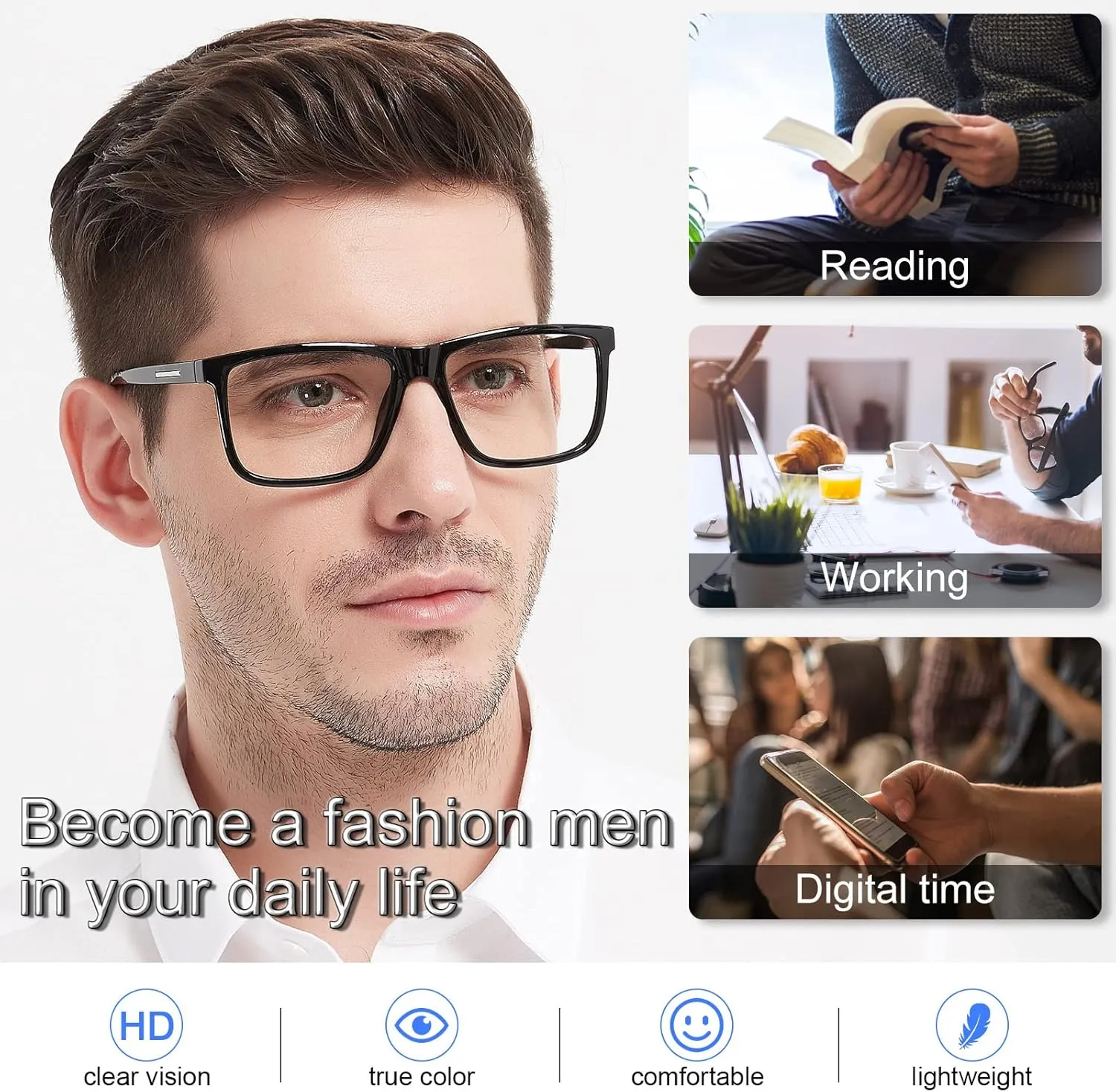 MARE AZZURO Oversized Square Reading Glasses  1.0 Men Large Readers Big Face 1.0 1.25 1.5 1.75 2.0 2.25 2.5 2.75 3.0 3.5 4.0 5.0 6.0 (Black, 1.00)