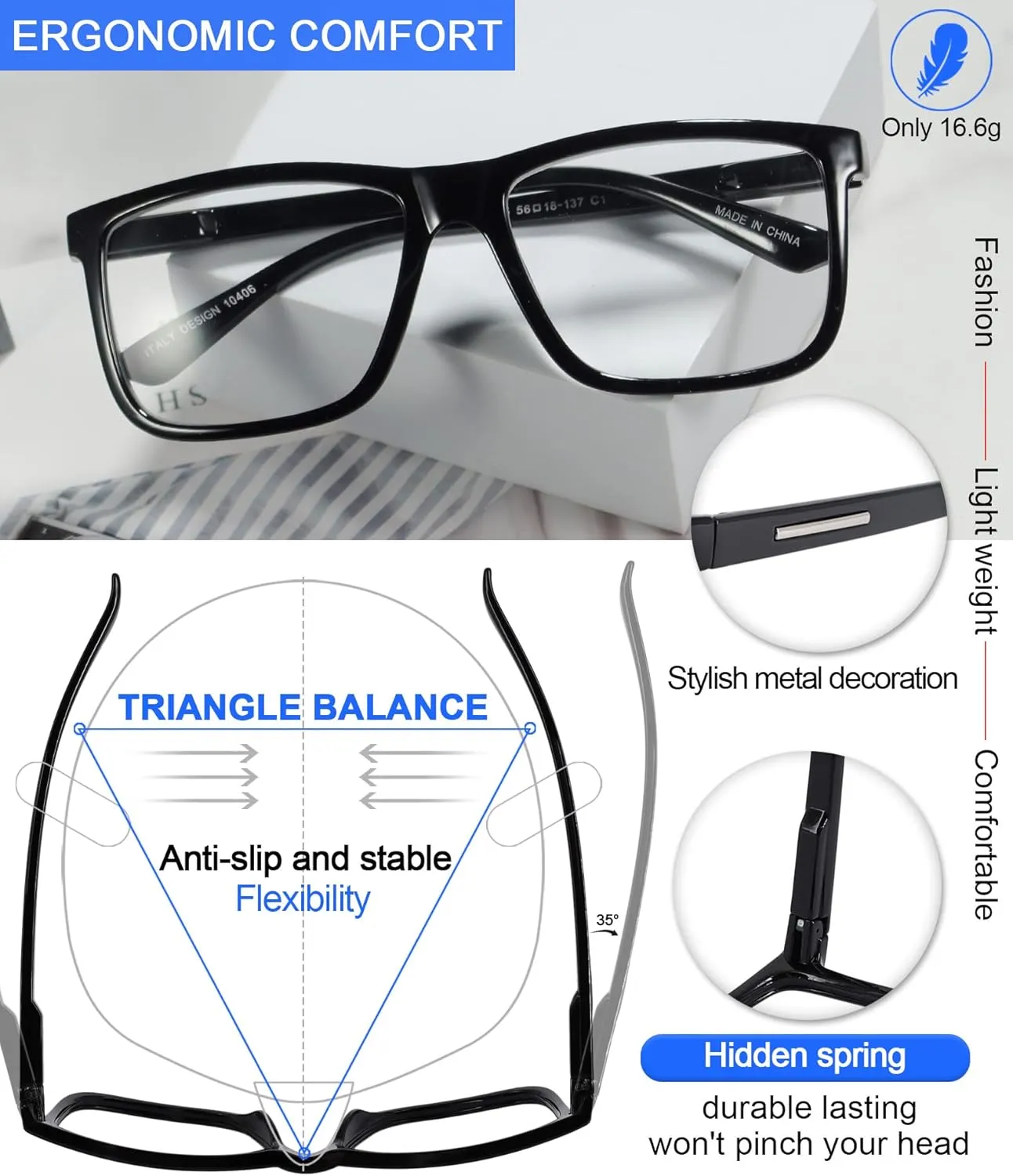 MARE AZZURO Oversized Square Reading Glasses  1.0 Men Large Readers Big Face 1.0 1.25 1.5 1.75 2.0 2.25 2.5 2.75 3.0 3.5 4.0 5.0 6.0 (Black, 1.00)