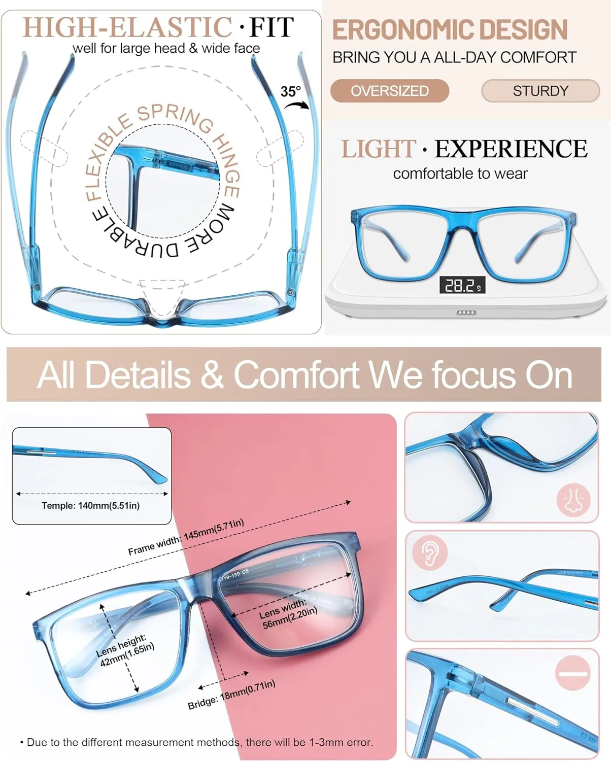 MARE AZZURO Oversized Square Reading Glasses 1.0 Men Large Readers Big Face 1.00 1.25 1.50 1.75 2.00 2.25 2.50 2.75 3.00 3.50 4.00 5.00 6.00 (Blue, 100)