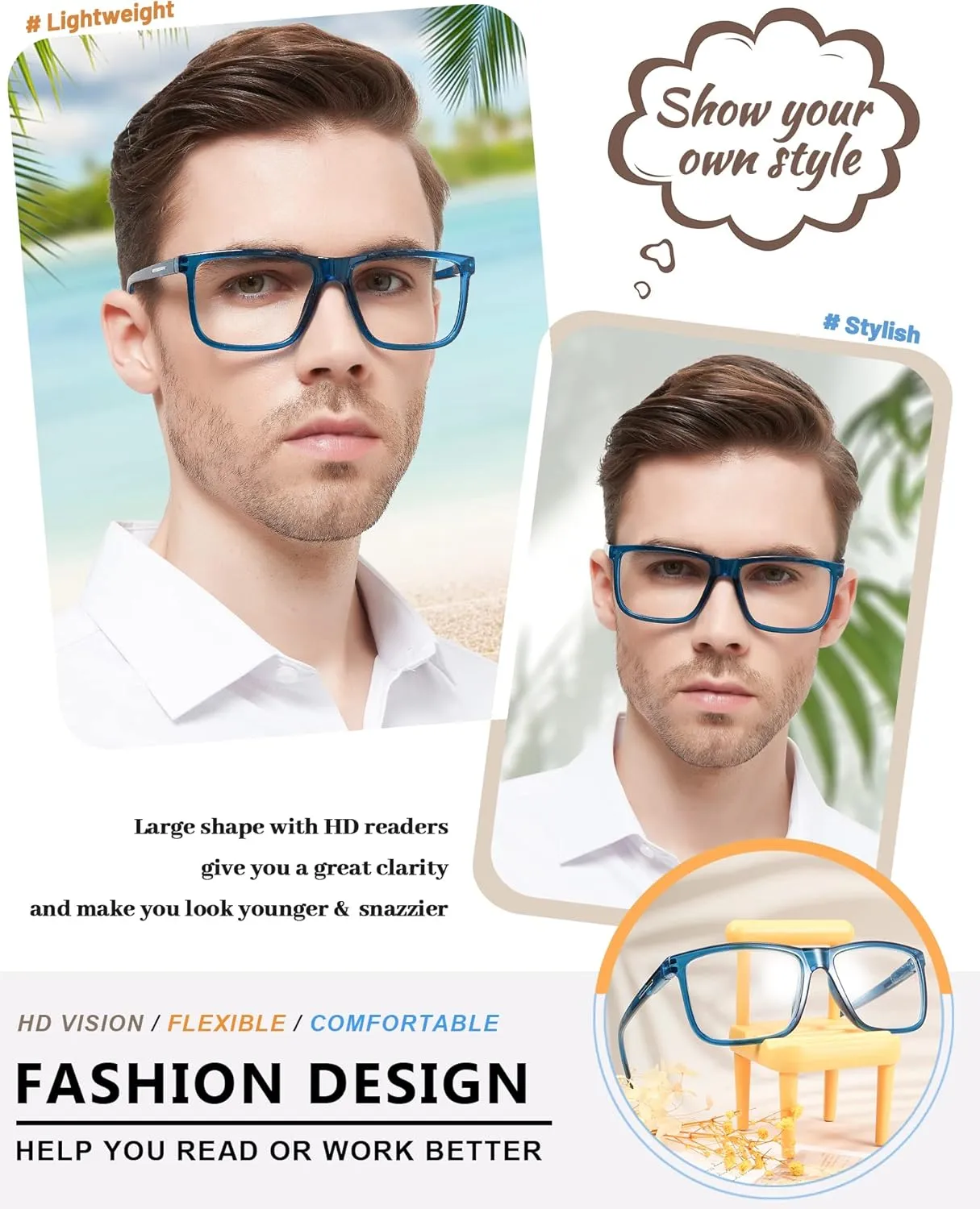 MARE AZZURO Oversized Square Reading Glasses 1.0 Men Large Readers Big Face 1.00 1.25 1.50 1.75 2.00 2.25 2.50 2.75 3.00 3.50 4.00 5.00 6.00 (Blue, 100)