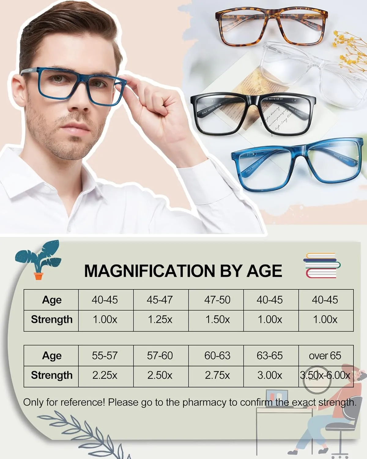 MARE AZZURO Oversized Square Reading Glasses 1.0 Men Large Readers Big Face 1.00 1.25 1.50 1.75 2.00 2.25 2.50 2.75 3.00 3.50 4.00 5.00 6.00 (Blue, 100)