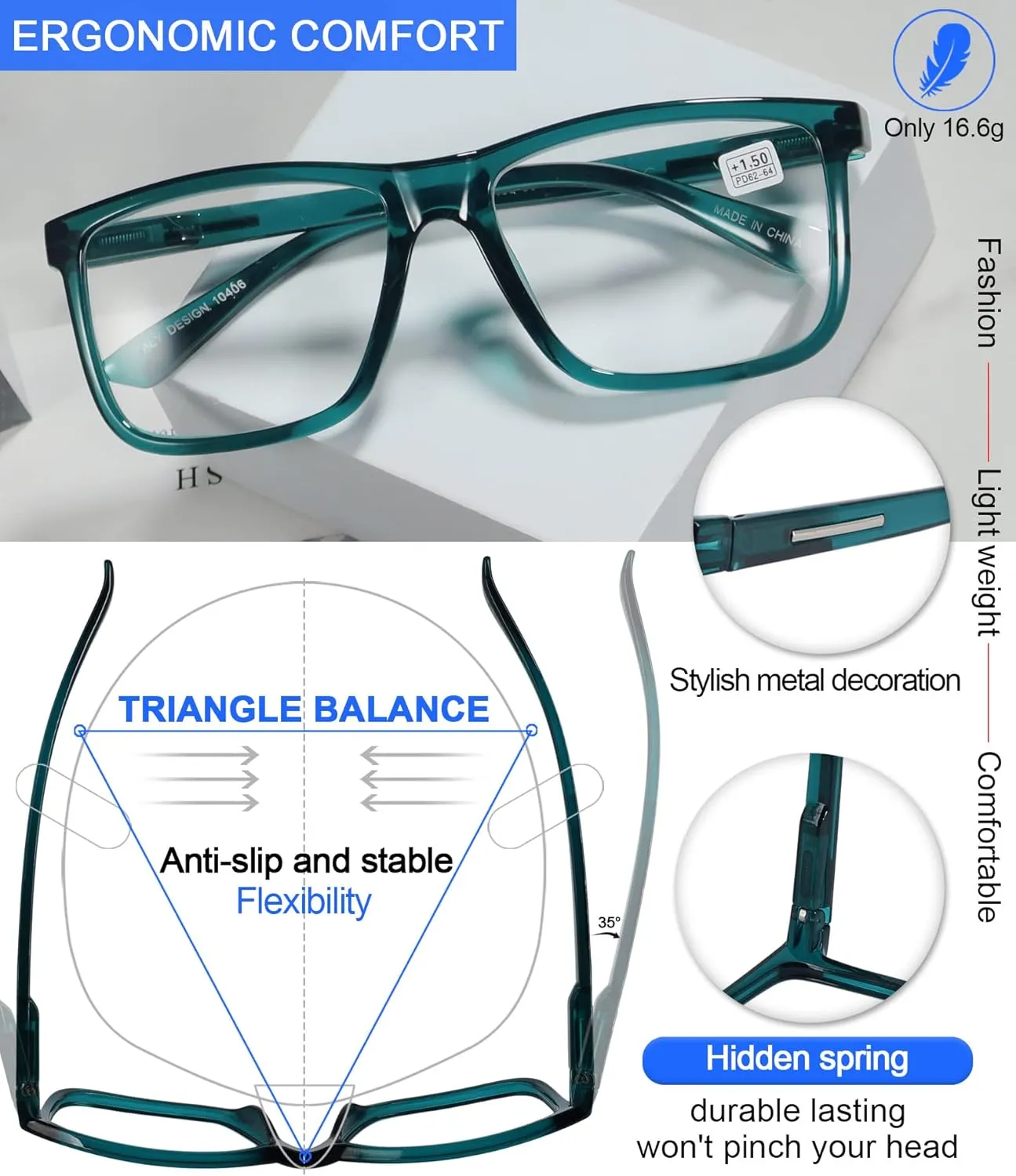MARE AZZURO Oversized Square Reading Glasses Men Large Readers Big Face 100 125 150 175 200 225 250 275 300 350 400 500 600 (Turquoise, 1.0)