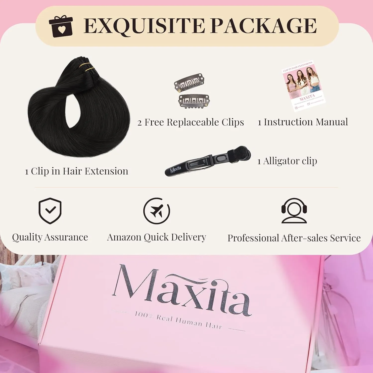 MAXITA Real Human Hair Clip ins, 12 Inch Natural Black 80g 7pcs, Remy Straight Hair Extensions