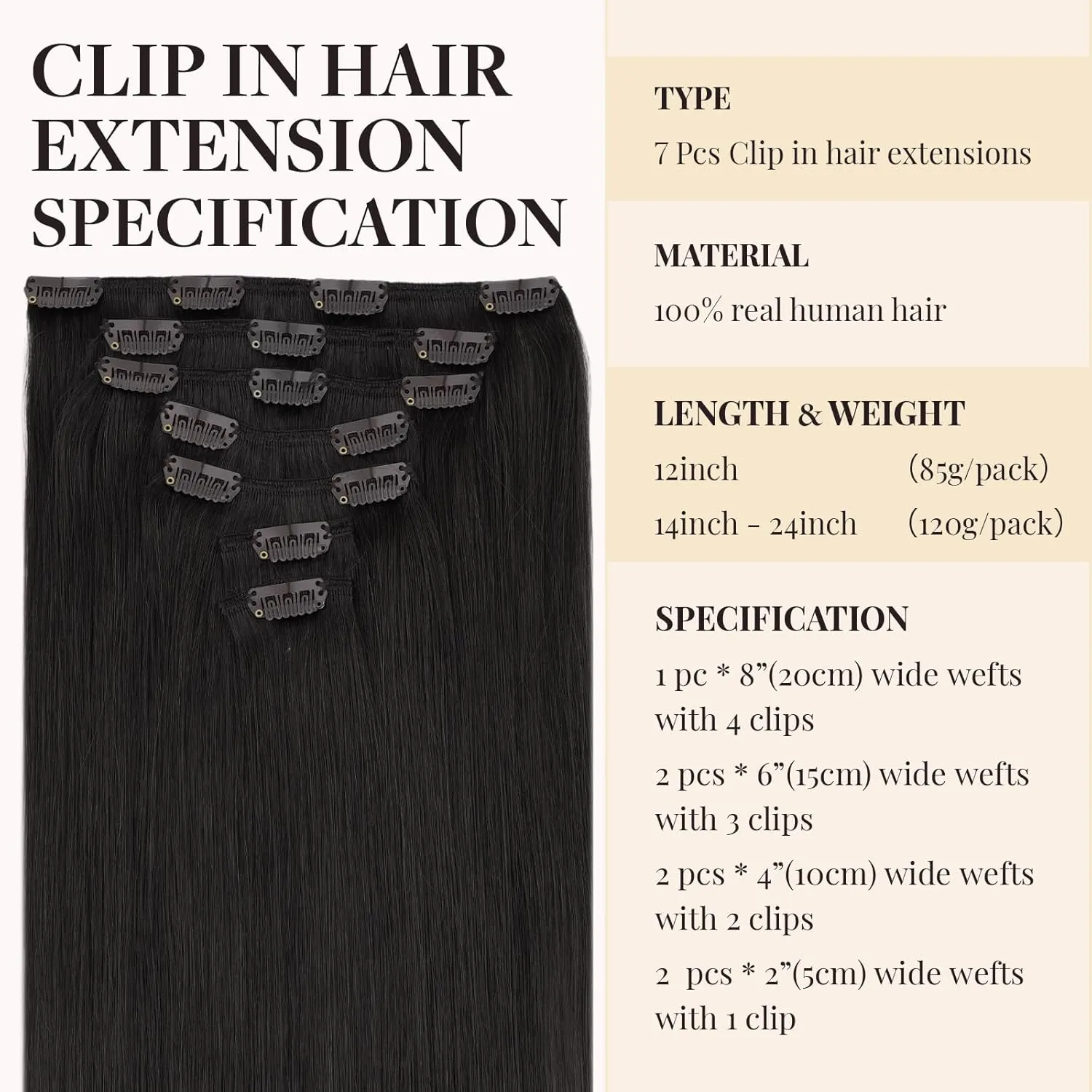 MAXITA Real Human Hair Clip ins, 12 Inch Natural Black 80g 7pcs, Remy Straight Hair Extensions
