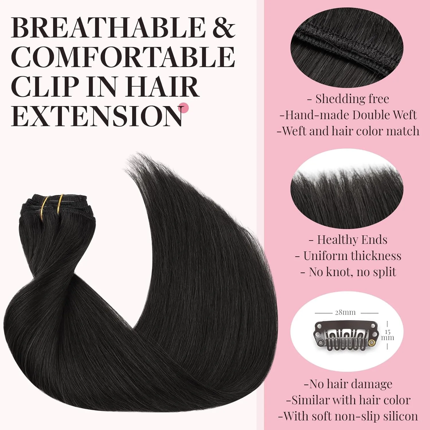 MAXITA Real Human Hair Clip ins, 12 Inch Natural Black 80g 7pcs, Remy Straight Hair Extensions