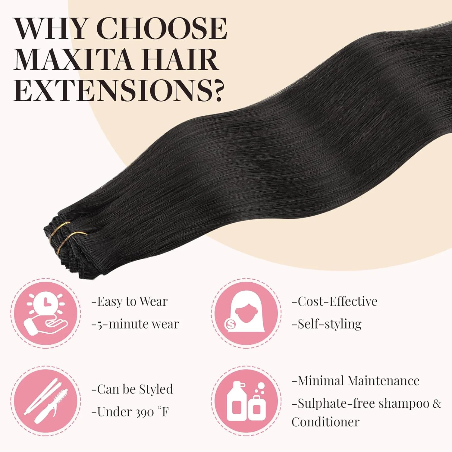 MAXITA Real Human Hair Clip ins, 12 Inch Natural Black 80g 7pcs, Remy Straight Hair Extensions