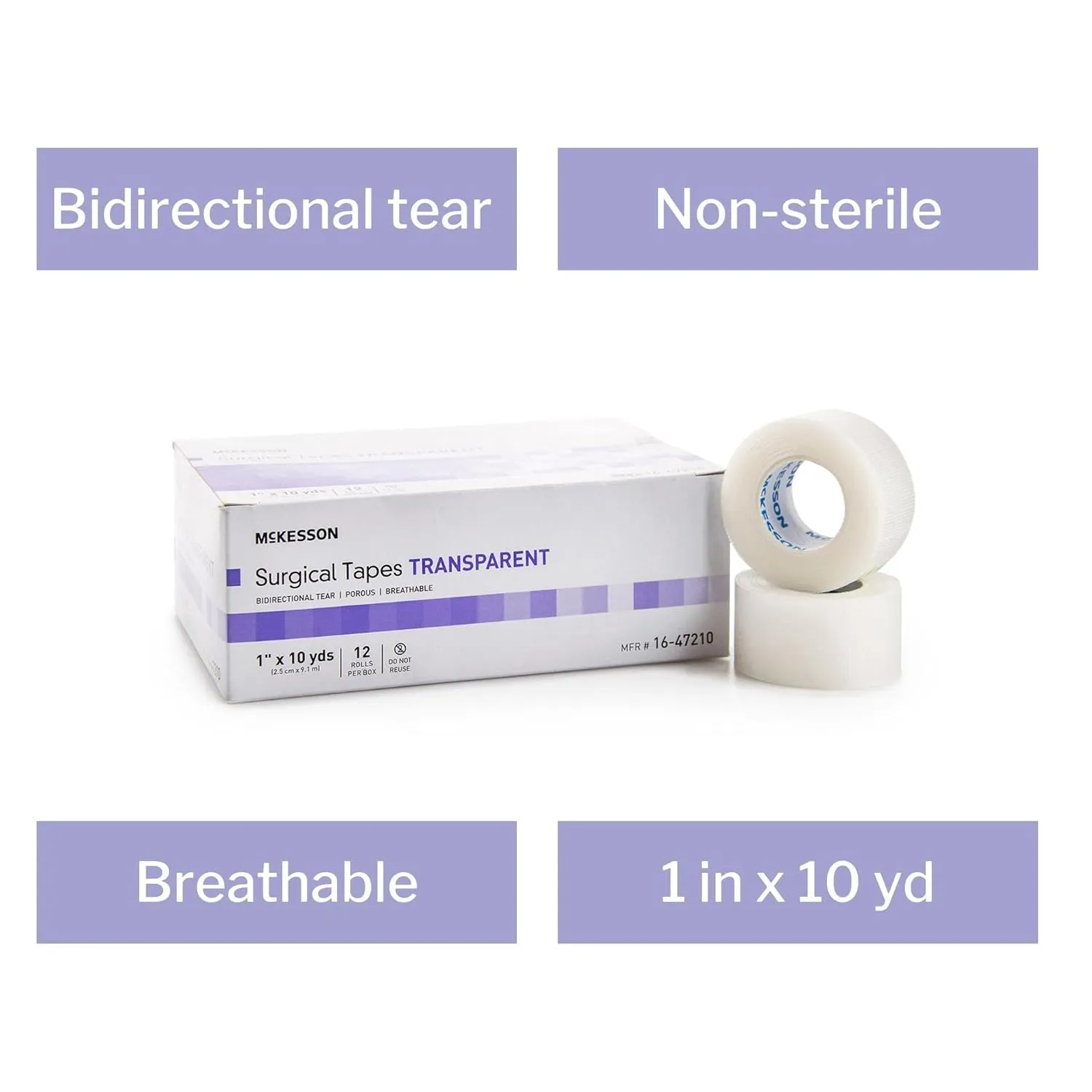 McKesson Surgical Tape, Non-Sterile, Air Permeable Plastic, 1 in x 10 yd, 12 Rolls, 12 Packs, 144 Total