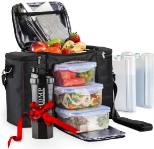 Meal Prep Lunch Bag/Box For Men, Women   3 Large Food Containers (45 Oz.)   2 Big Reusable Ice Packs   Shoulder Strap   Shaker With Storage. Insulated Lunchbox Cooler Portion Control Set (Black)
