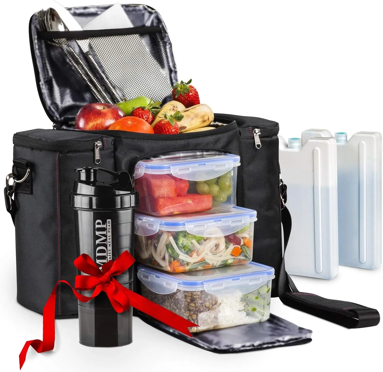 Meal Prep Lunch Bag/Box For Men, Women   3 Large Food Containers (45 Oz.)   2 Big Reusable Ice Packs   Shoulder Strap   Shaker With Storage. Insulated Lunchbox Cooler Portion Control Set (Black)