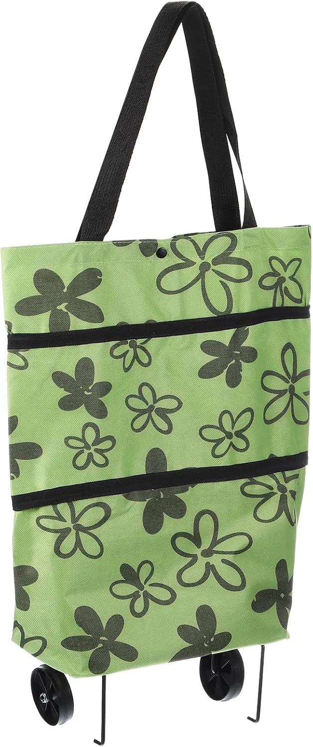 MECCANIXITY Folding Shopping Bag with Wheels 66lb Reusable Collapsible Grocery Cart Foldable Trolley Bag Rolling Duffle Tote Bag for Travel Shopping, Green