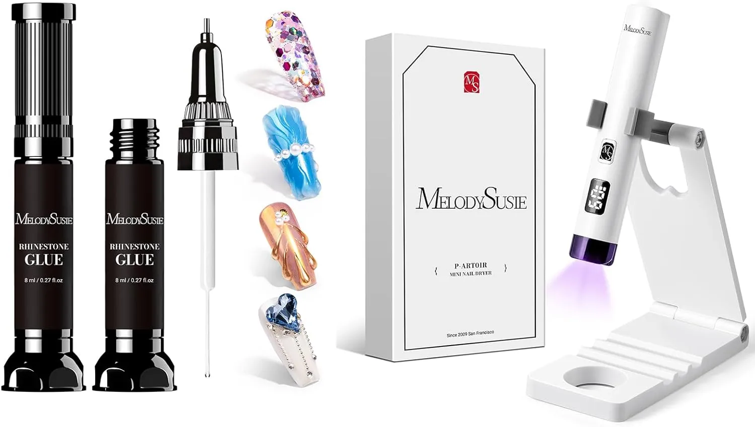 MelodySusie Handheld UV Light for Gel Nails with Stand and 2Pcs Nail Rhinestone Glue