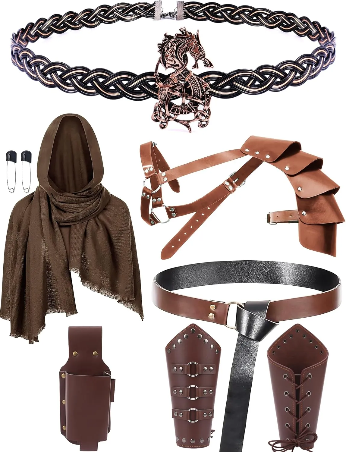 Men Renaissance Costume Set - 6 Pcs Medieval Viking Cosplay Armor Brown Leather Belt Wristband Shoulder Armor Classic Celtic Moon Bronze Dragon Crown Halloween Costumes for Men