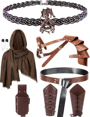Men Renaissance Costume Set - 6 Pcs Medieval Viking Cosplay Armor Brown Leather Belt Wristband Shoulder Armor Classic Celtic Moon Bronze Dragon Crown Halloween Costumes for Men