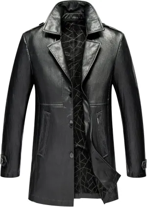 Men's Black Genuine Sheepskin Leather Single Breasted Windproof Mid-Size Coat - Fashionable Military Aviator Coat for Men